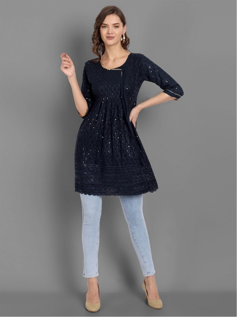 

TORONFRAS Navy Blue Embroidered Sequinned Pleated Kurti
