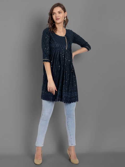 

TORONFRAS Teal Green Embellished Gotta Patti Sequined Pleated Kurti