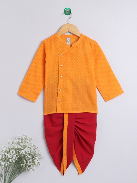 

The Magic Wand Boys Mustard Yellow Angrakha Pure Cotton Kurta with Dhoti Pants