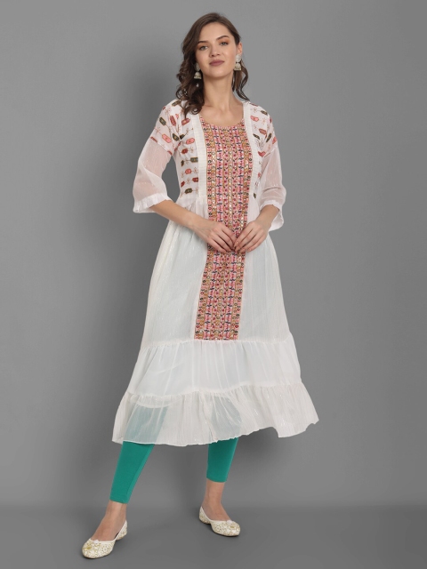 

TORONFRAS Women White & Peach-Coloured Geometric Mirror Work Georgette Kurta