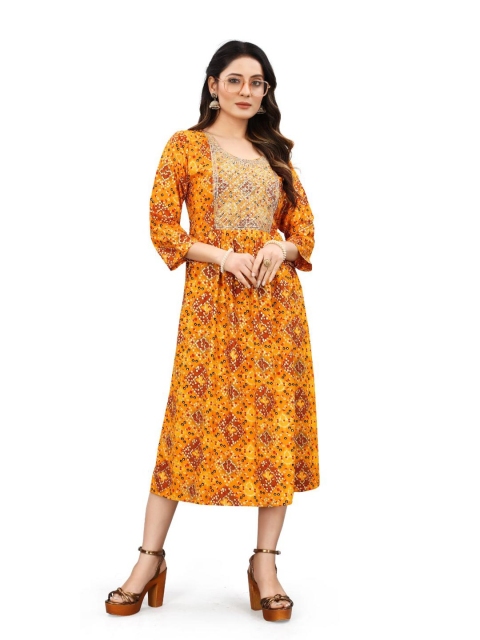 

TORONFRAS Mustard Yellow Ethnic Motifs Ethnic Midi Dress