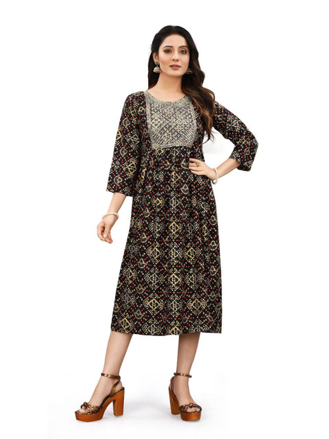 

TORONFRAS Black & Beige Yoke Design Bandhani Foli Printed Midi Dress