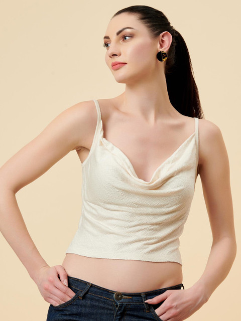 

enzeo Off White Cowl Neck Pure Cotton Tank Crop Top