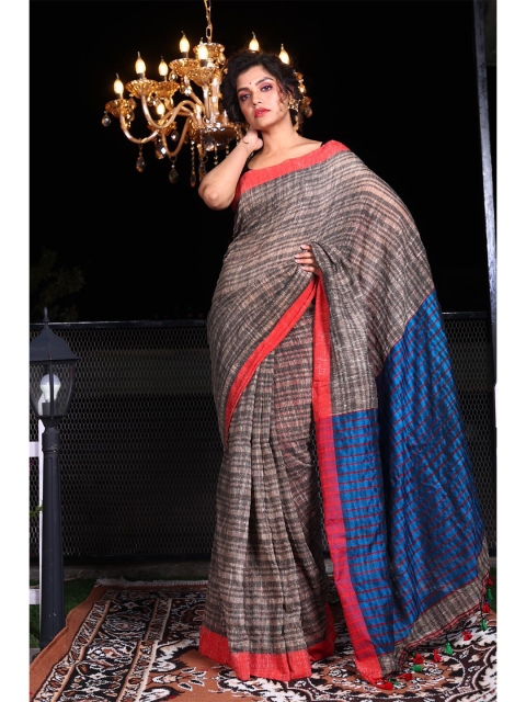 

Charukriti Grey & Blue Striped Pure Cotton Saree