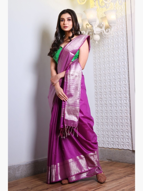 

Charukriti Purple & Silver-Toned Zari Silk Blend Saree