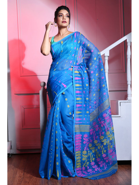 

Charukriti Blue & Purple Woven Design Silk Cotton Jamdani Saree