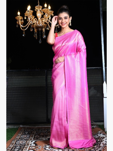 

Charukriti Pink & Gold-Toned Woven Design Zari Brocade Saree