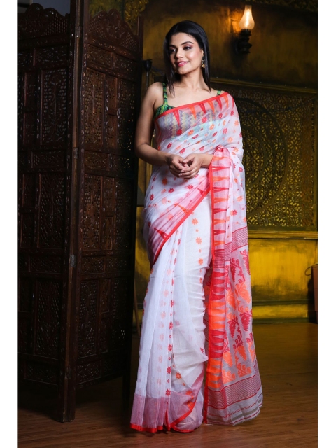 

Charukriti White & Red Floral Silk Cotton Jamdani Saree