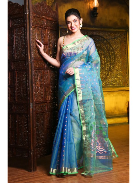 

Charukriti Blue & Gold-Toned Ethnic Motifs Zari Silk Cotton Jamdani Saree