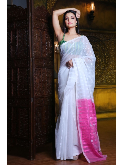 

Charukriti White & Pink Woven Design Silk Cotton Jamdani Saree