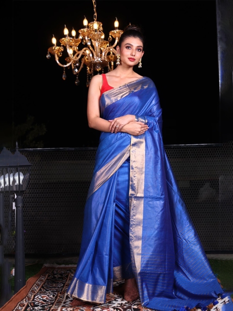 

Charukriti Blue & Gold-Toned Leheriya Zari Silk Blend Saree