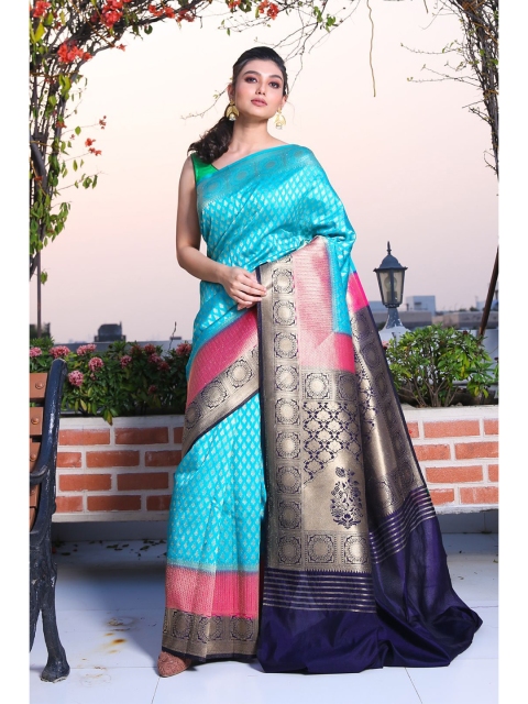 

Charukriti Women Blue & Pink Woven Design Zari Brocade Saree