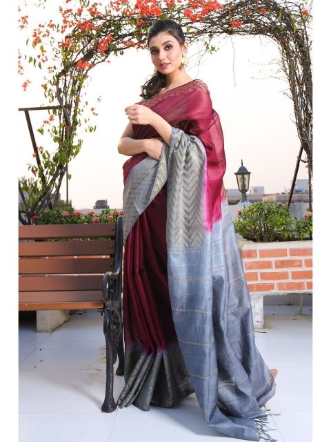 

Charukriti Women Magenta & Grey Woven Design Zari Silk Blend Saree
