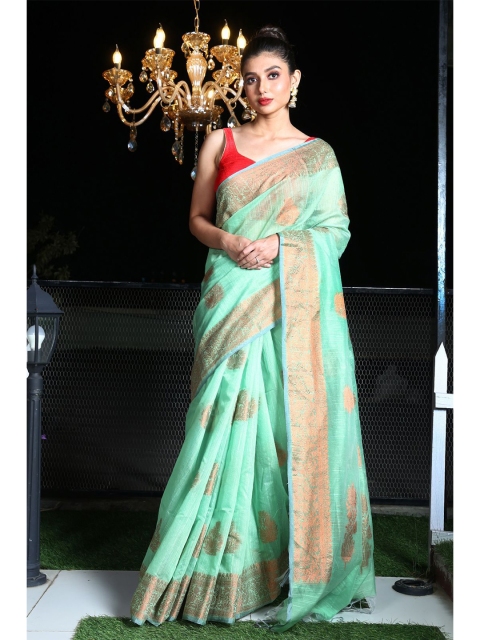 

Charukriti Green & Gold-Toned Woven Design Zari Silk Blend Saree