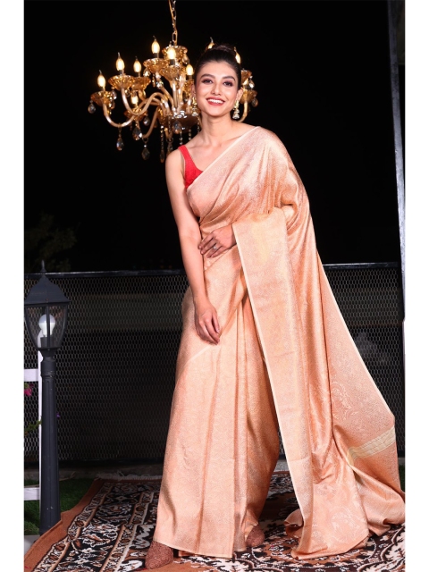 

Charukriti Beige & Silver-Toned Woven Design Zari Brocade Saree