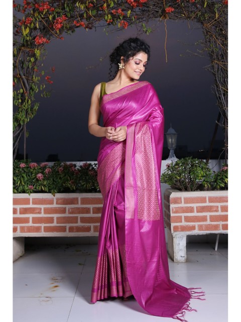 

Charukriti Purple & Gold-Toned Woven Design Zari Saree