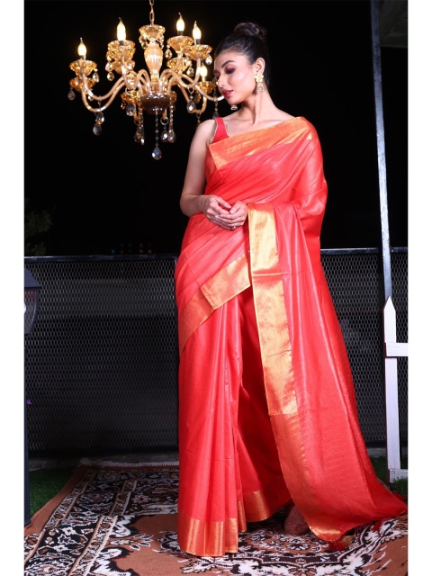 

Charukriti Red & Gold-Toned Zari Saree