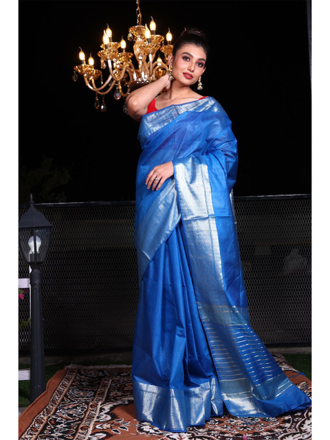

Charukriti Blue & Silver-Toned Woven Design Zari Silk Blend Saree