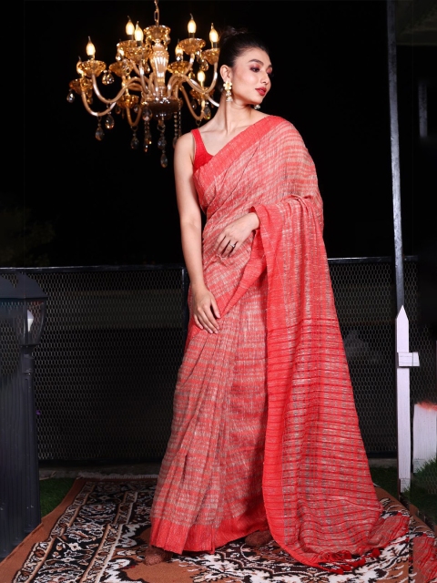 

Charukriti Red & White Woven Design Zari Pure Cotton Saree