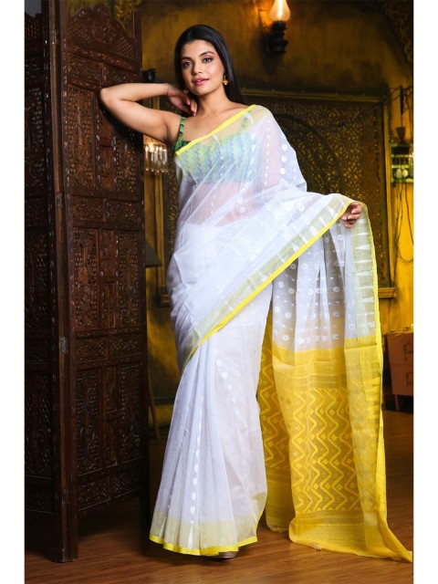 

Charukriti White & Yellow Woven Design Silk Cotton Jamdani Saree