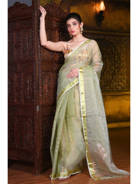 

Charukriti Women Sap Green & Gold-Toned Woven Design Zari Silk Cotton Jamdani Saree
