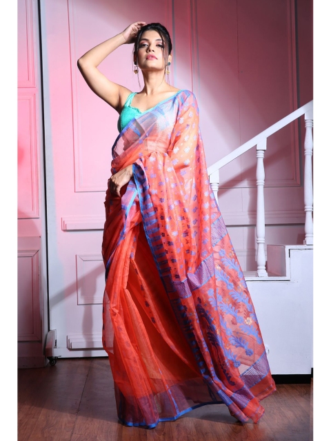 

Charukriti Women Red & Blue Floral Silk Cotton Jamdani Saree