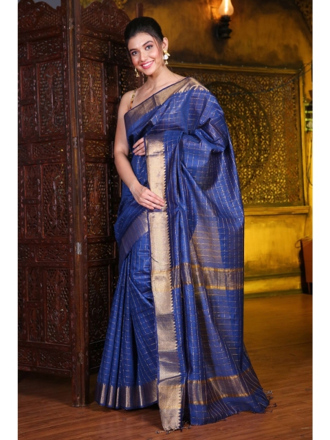 

Charukriti Women Blue & Gold-Toned Checked Zari Silk Blend Saree
