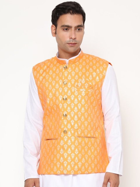 

Endues Men Mustard Yellow Printed Pure Cotton Woven Nehru Jacket