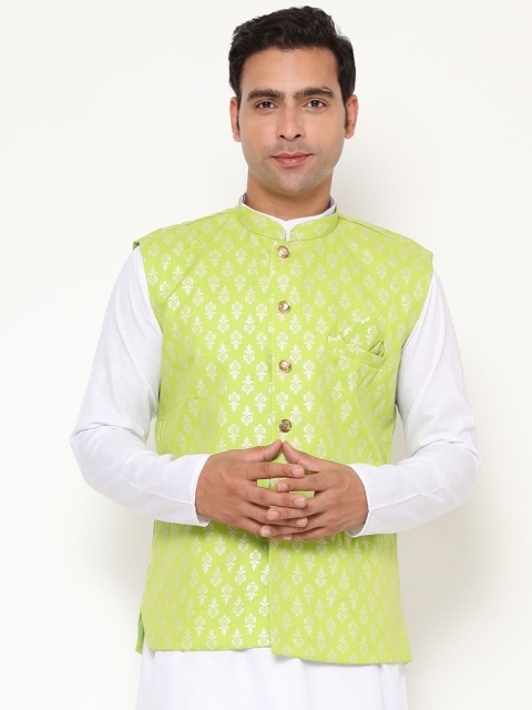 

Endues Men Lime-Green & White Printed Pure Cotton Woven Nehru Jacket