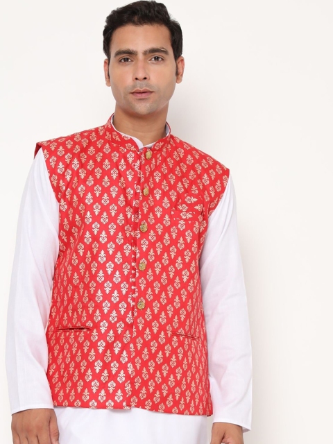 

Endues Men Red Coloured Woven Design Pure Cotton Nehru Jacket