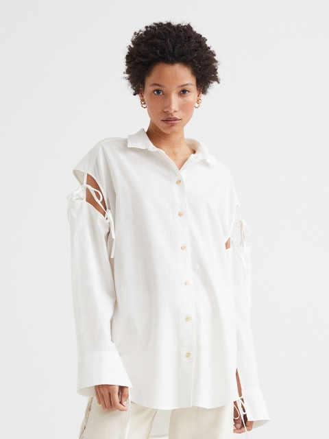 H&M Women Oversized Linen-Blend Shirt, White