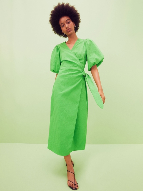 

H&M Women Green Puff-Sleeved Wrap Dress