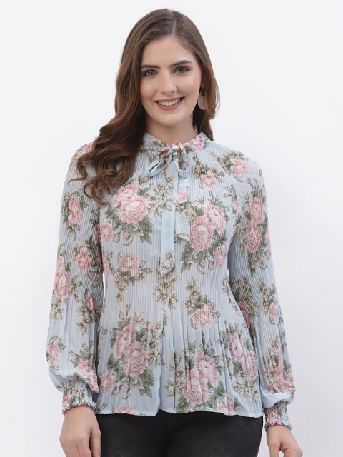 

Westwood Blue Floral Print Tie-Up Neck Accordion Pleats Top