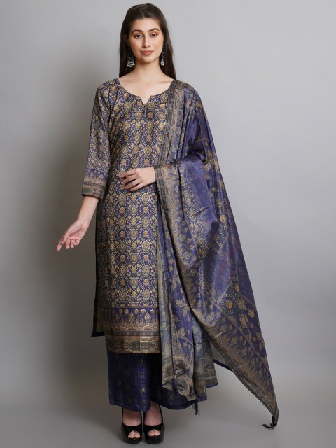 

Stylee LIFESTYLE Navy Blue & Gold-Toned Digital Printed Unstitched Dress Material