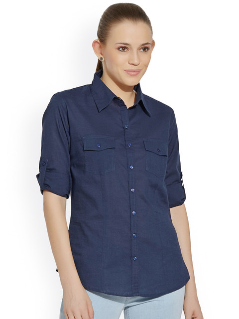 

Bombay High Women Navy Blue Standard Slim Fit Solid Casual Shirt