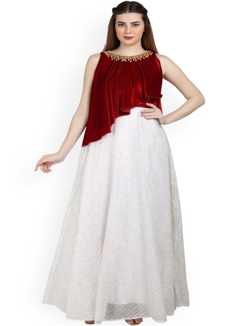 

Kiya Women Maroon & White Self-Design Long Flared Ethnic Gown