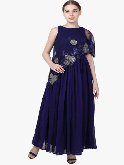 

Kiya Women Navy Blue Floral Embroidered Maxi Length Ethnic Dress