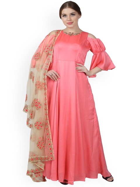 

Kiya Women Pink Self-Design Long Flared Ethnic Gown With Dupatta