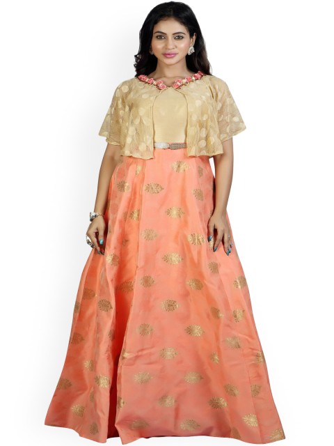

Kiya Women Peach-Colored & Golden Self-Design Long Flared Ethnic Poncho Gown