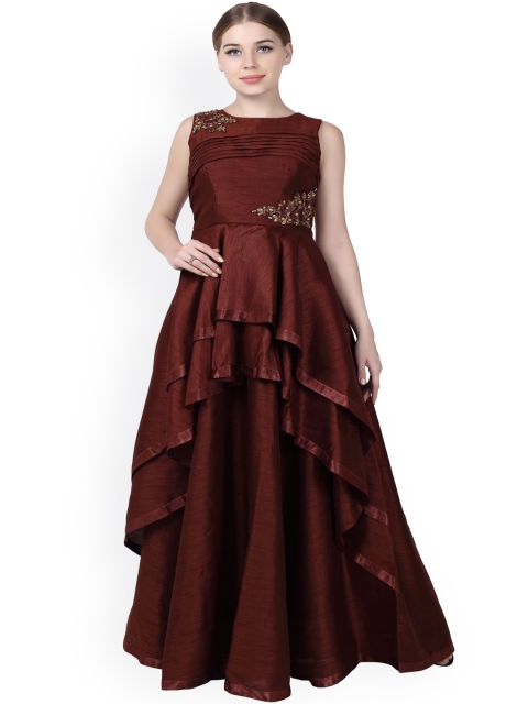

Kiya Women Brown Self-Design Layered Maxi Dress