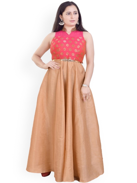 

Kiya Women Beige-Pink-Gold Colored Jacquard Woven Banglori Gown