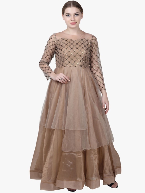 

Kiya Women Light Brown Embroidered Net A-Line Maxi Dress