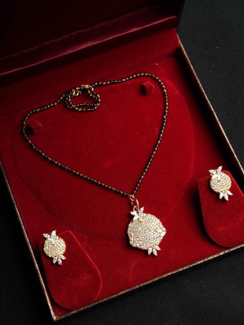 

NASTEE Rhodium-Plated White CZ-Studded Black Beaded Jewellery Set