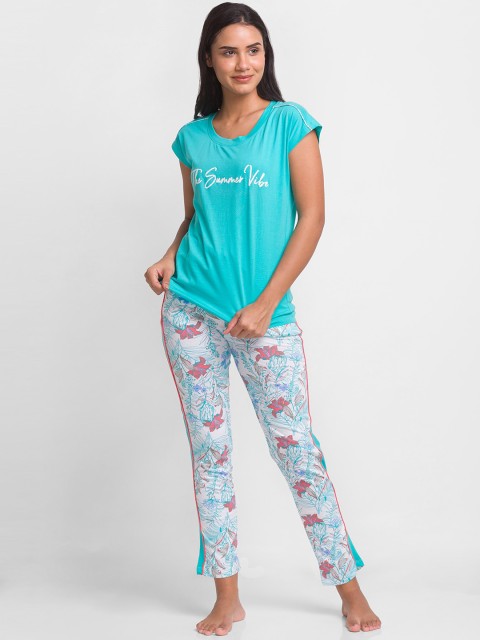 

XIN Women Turquoise Blue & White Pure Cotton Night suit