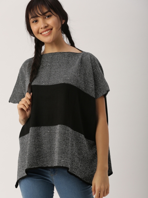 

DressBerry Women Charcoal Grey & Black Colourblocked Poncho Sweater