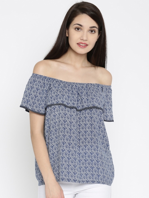 

ONLY Women Navy Printed Bardot Top, Navy blue