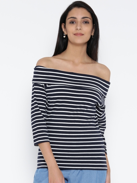 

ONLY Women Navy Blue Striped Bardot Top
