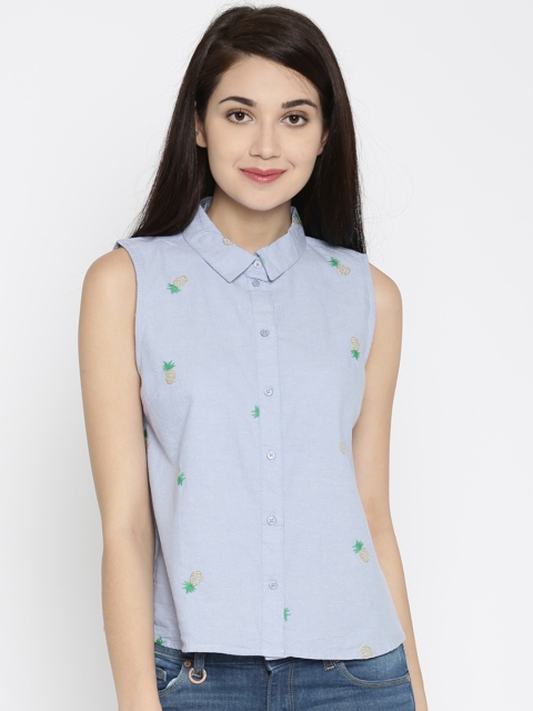 

ONLY Women Blue Self-Design Casual Shirt