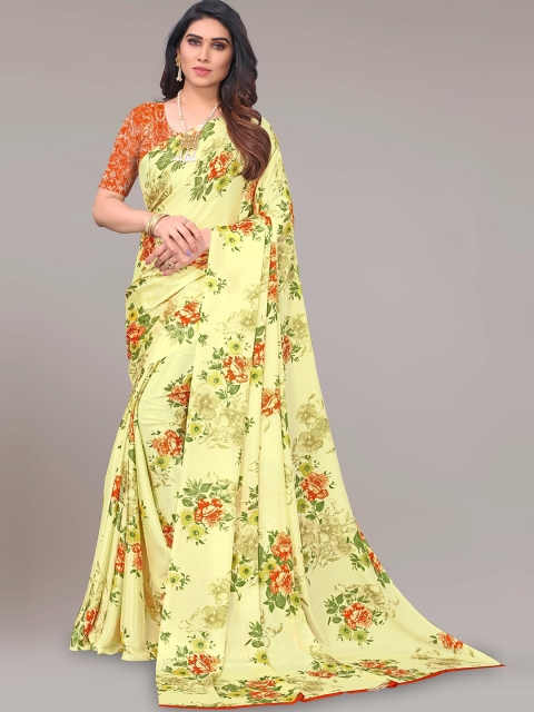 

SHAIBO SAREE Yellow & Orange Floral Silk Blend Saree