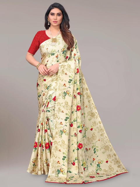 

SHAIBO SAREE Cream-Coloured & Red Floral Silk Blend Saree